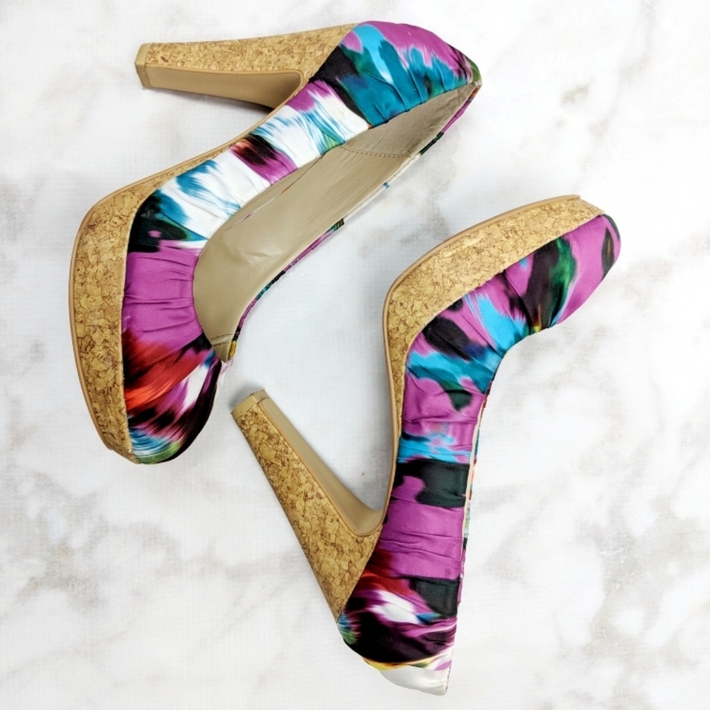 Call it Spring Purple & Black Cork Heel Pumps